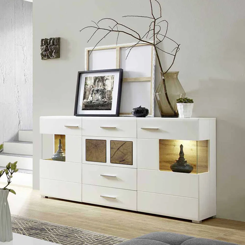 Wohnen Sideboards<Weißes Design-Sideboard mit Glas & LED - Lisepio