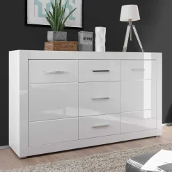 Wohnen Sideboards<Weißes Sideboard mit Hochglanz Front Yulis & Chrom Metallgriffen