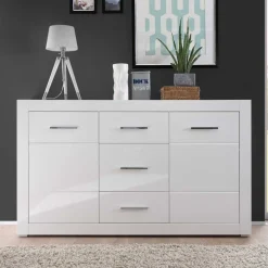 Wohnen Sideboards<Weißes Sideboard mit Hochglanz Front Yulis & Chrom Metallgriffen