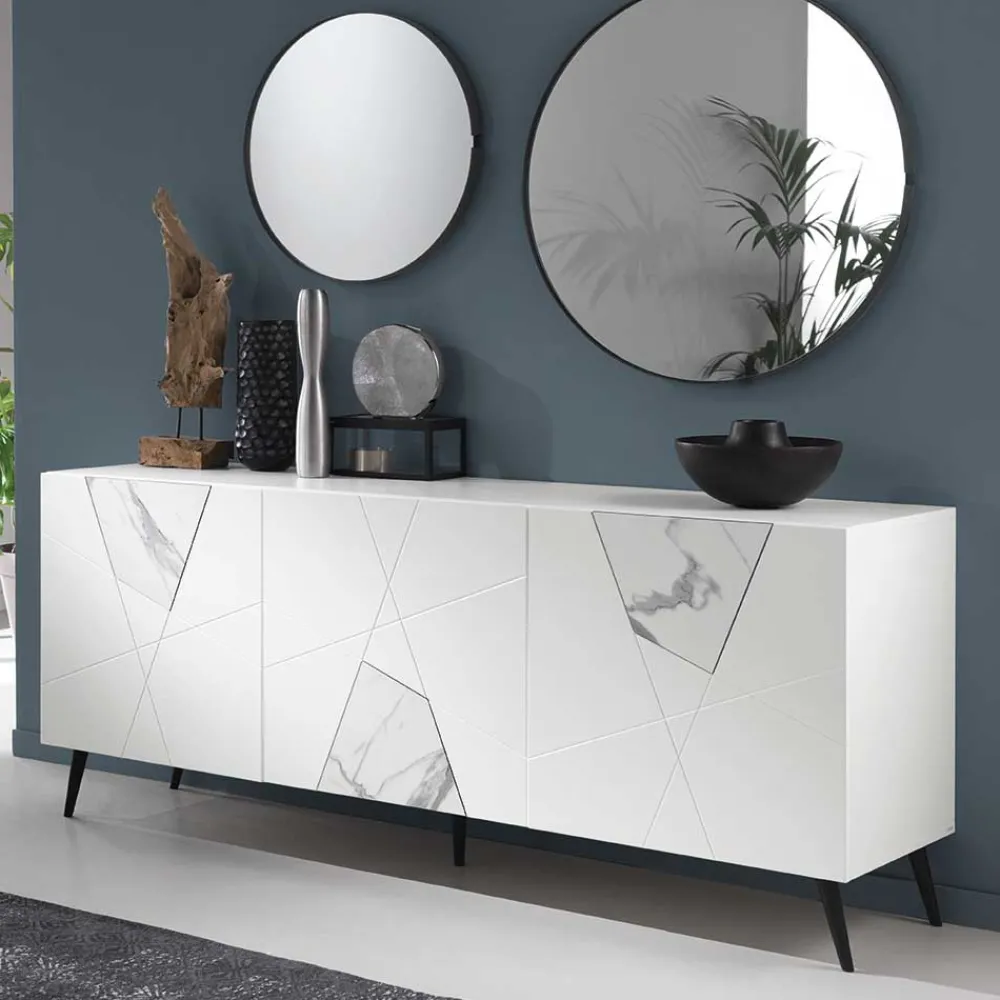 Wohnen Sideboards<Weißes Sideboard mit Marmor Einsätzen Grau - Eleonora