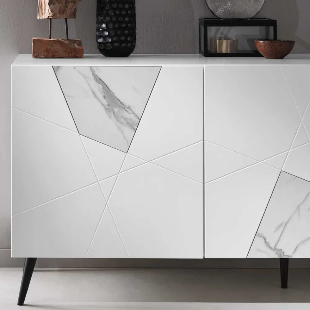 Wohnen Sideboards<Weißes Sideboard mit Marmor Einsätzen Grau - Eleonora