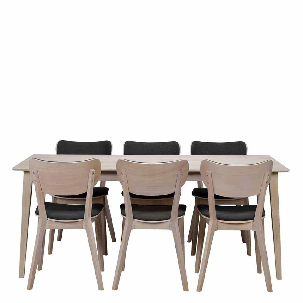 Wohnen Sitzgruppe<White Wash Eiche Essgruppe Retro - Pessoa (siebenteilig)