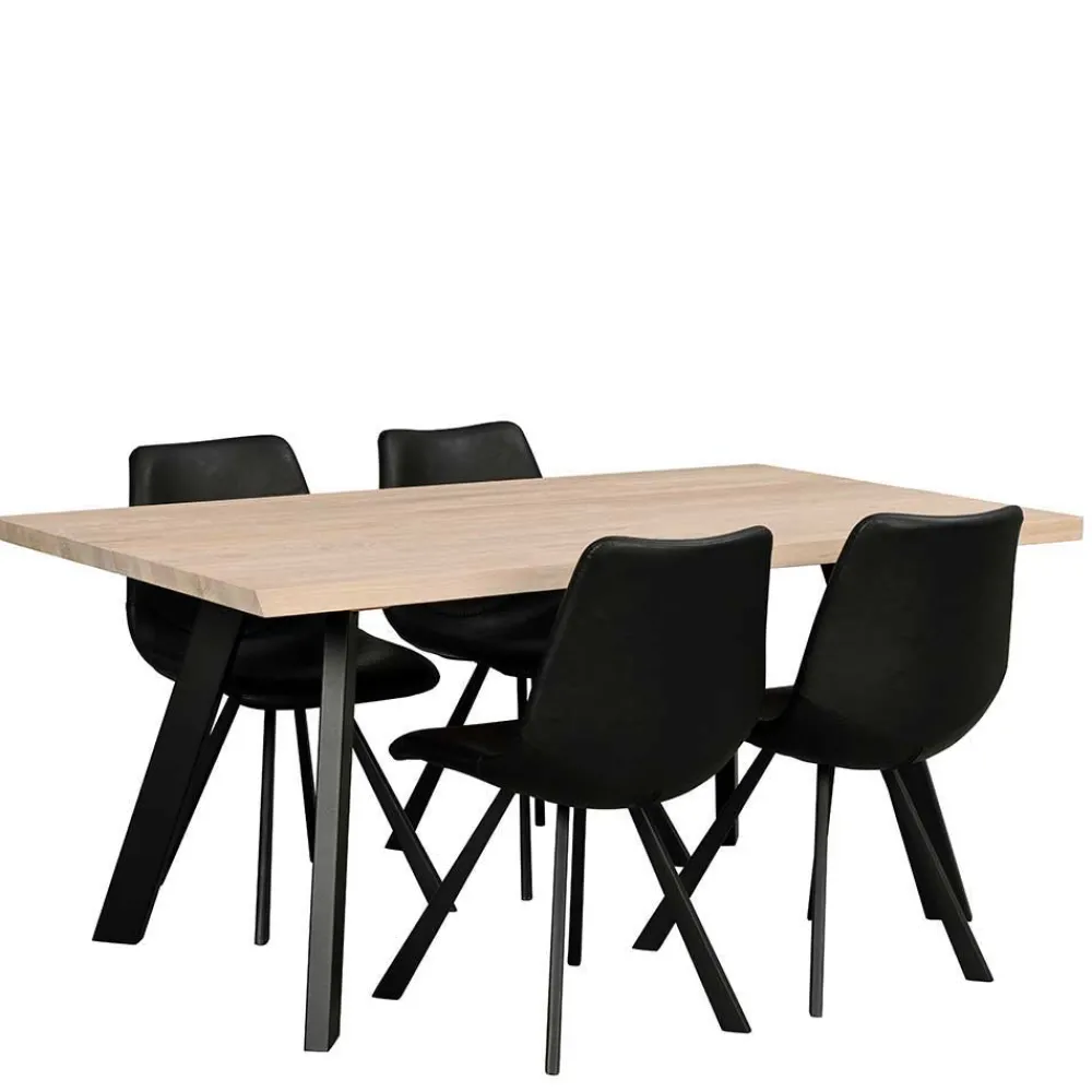 Wohnen Sitzgruppe<White Wash Eiche Tisch mit 4 Stühlen - Pulva (fünfteilig)
