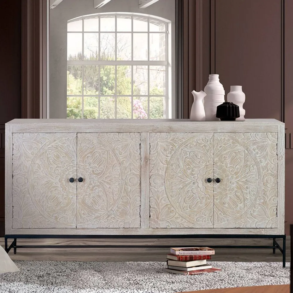Wohnen Sideboards<White Wash Sideboard mit Mandala Schnitzerei - Bonany