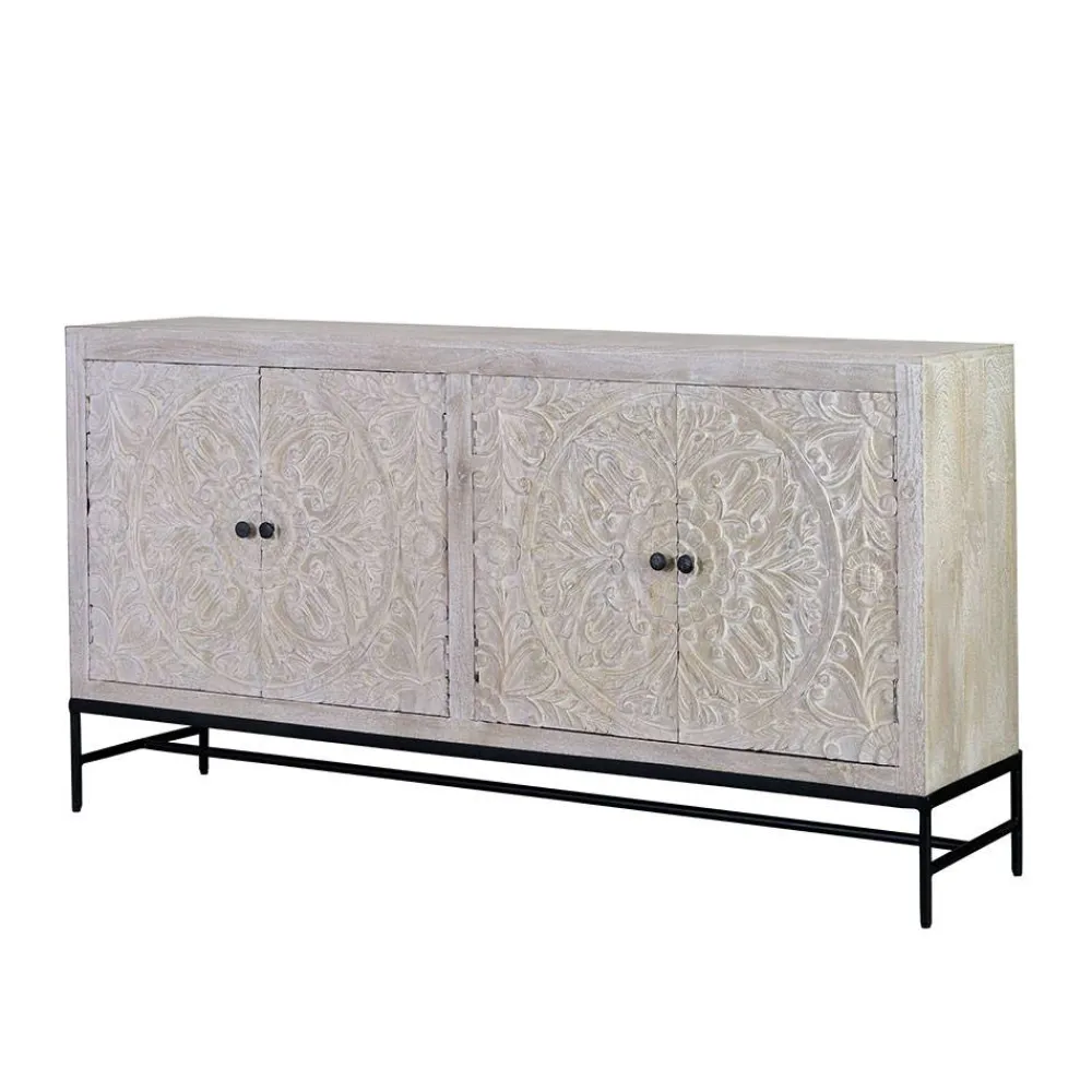 Wohnen Sideboards<White Wash Sideboard mit Mandala Schnitzerei - Bonany