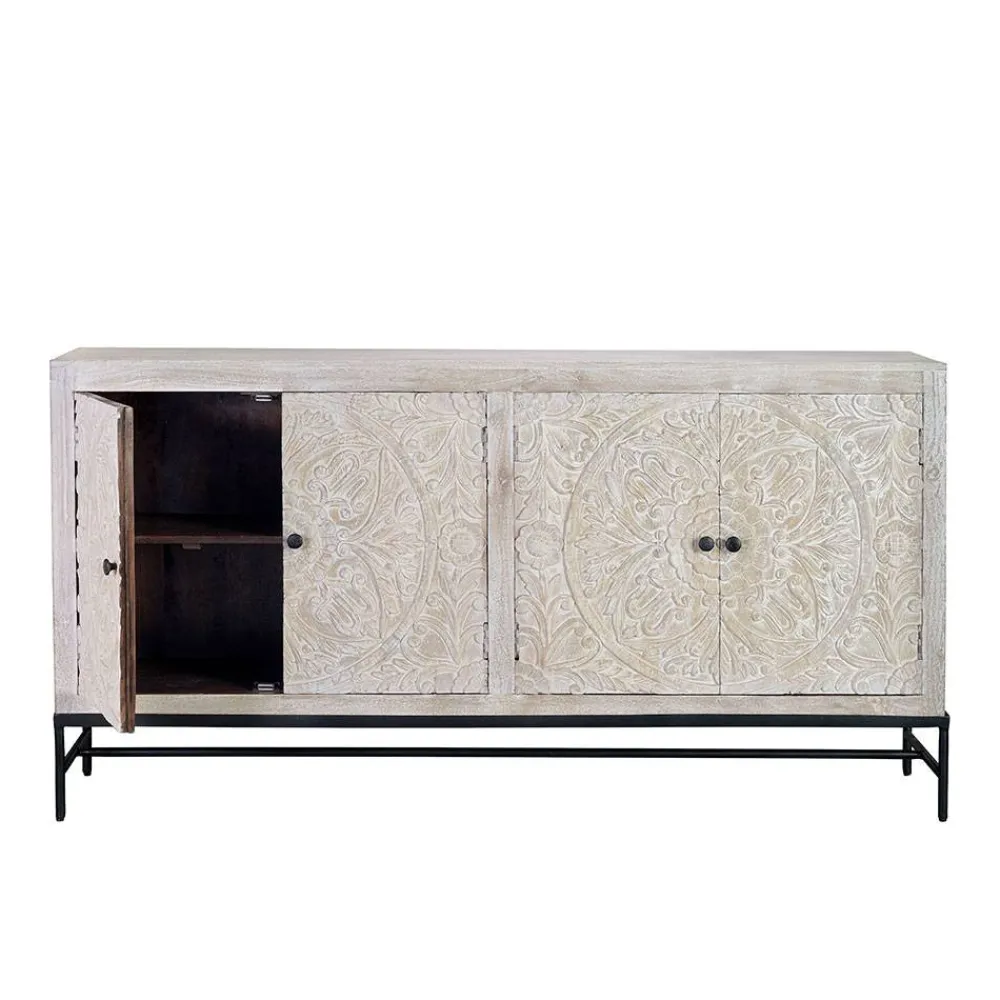 Wohnen Sideboards<White Wash Sideboard mit Mandala Schnitzerei - Bonany