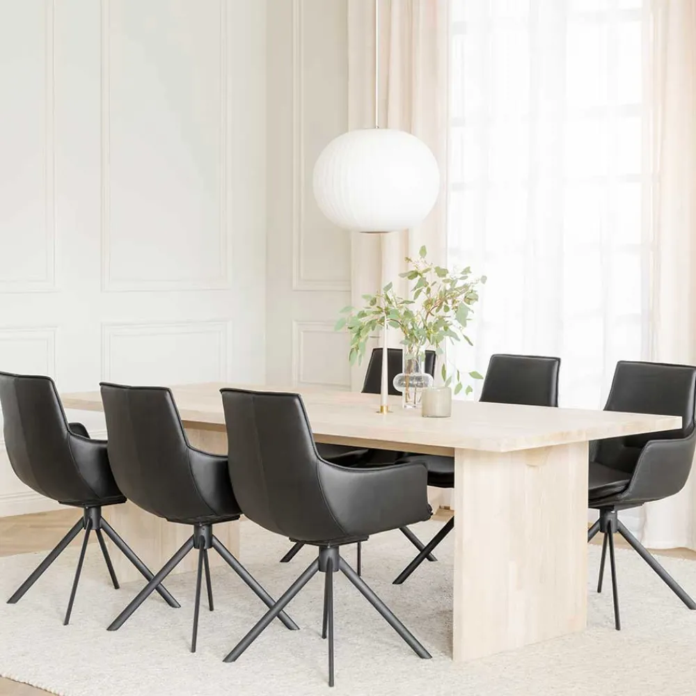 Wohnen Sitzgruppe<White Wash Tisch & Lederstühle - Senatau (siebenteilig)