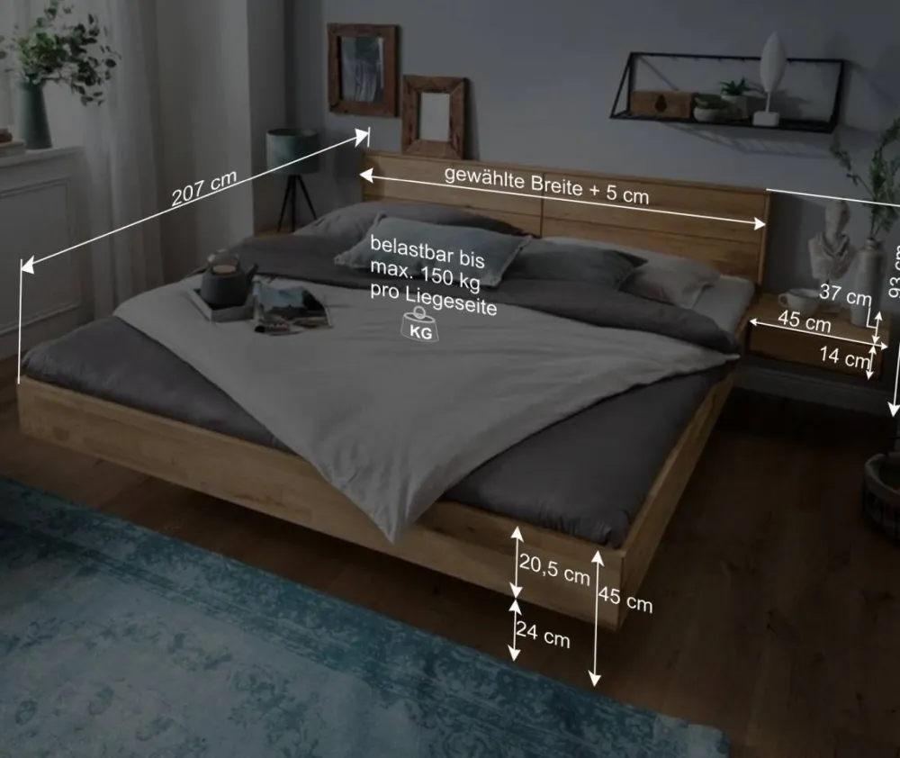 Wohnen Betten<Wildeiche Bett auf Schwebesockel - Manoz (dreiteilig)
