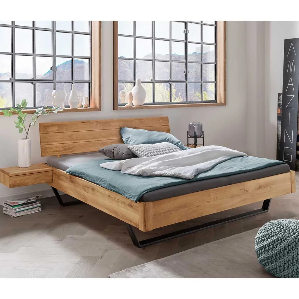 Wohnen Betten<Wildeiche Bett mit Metallkufen in Schwarzgrau - Tomya
