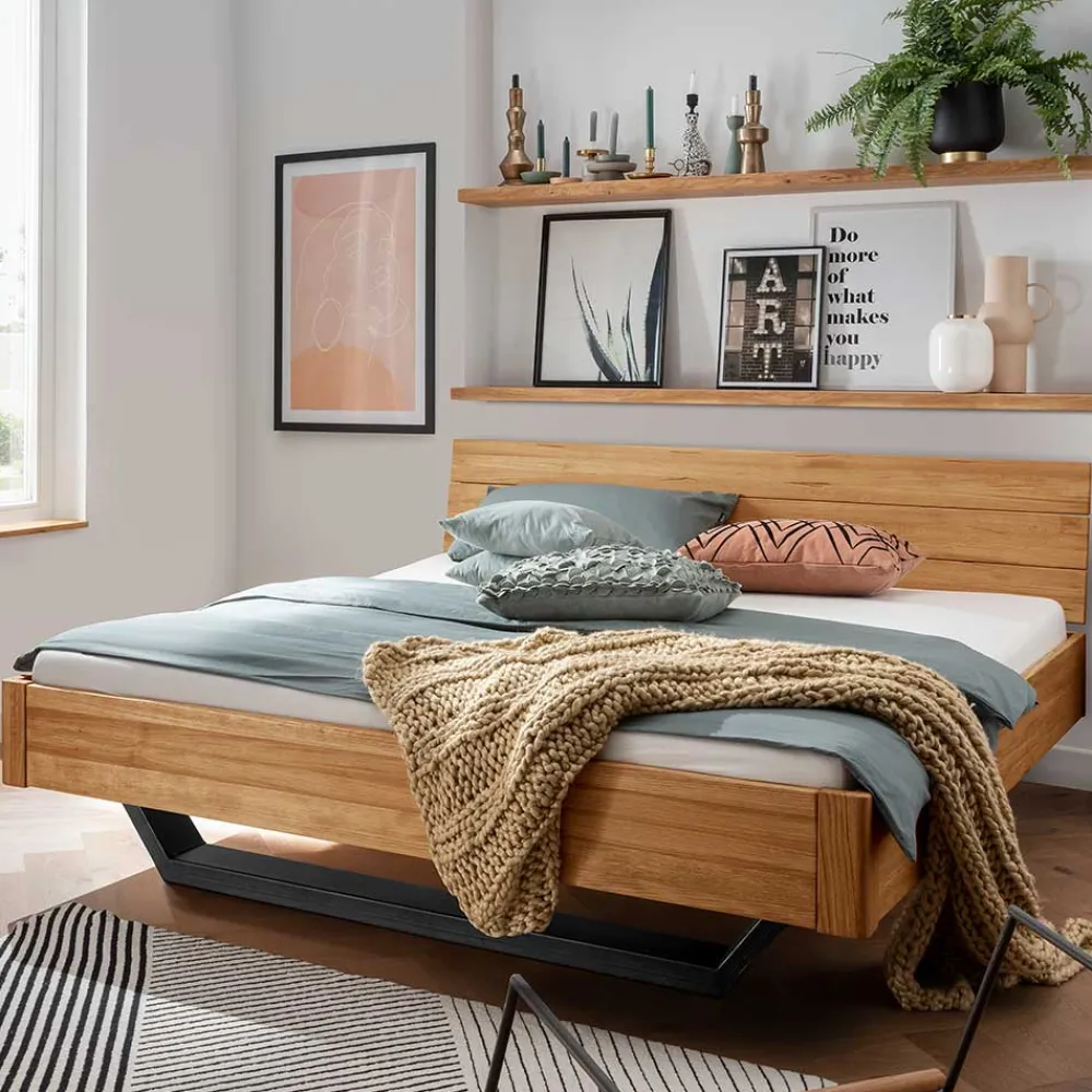 Wohnen Betten<Wildeiche Bett mit Metallkufen in Schwarzgrau - Tomya
