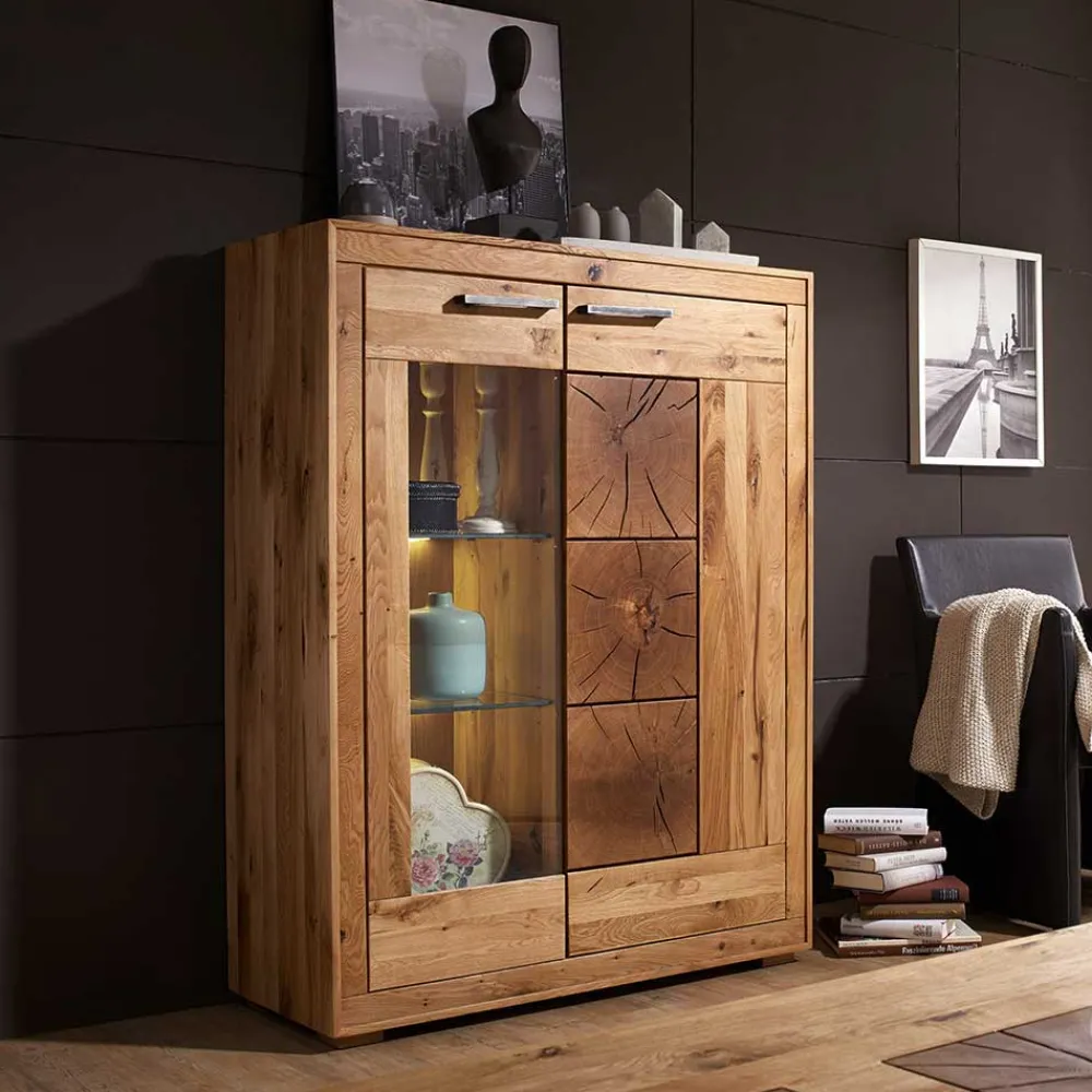 Wohnen Highboards<Wildeiche Highboard Troncon mit Glas Einsatz