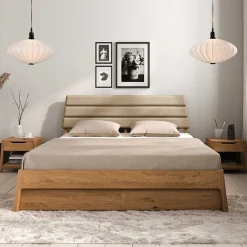 Wohnen Betten<Wildeiche Holzbett mit Polsterkopfteil in Beige - Favorite