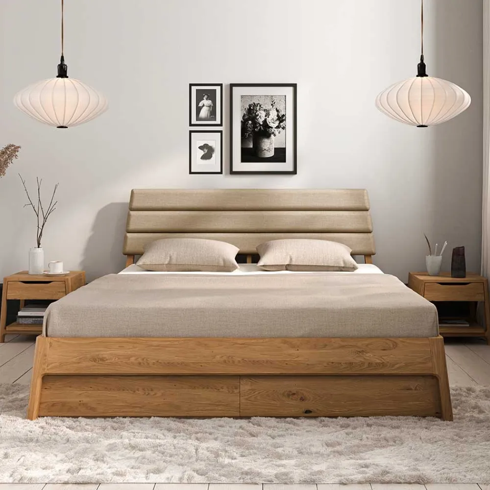 Wohnen Betten<Wildeiche Holzbett mit Polsterkopfteil in Beige - Favorite