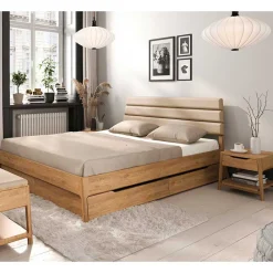 Wohnen Betten<Wildeiche Holzbett mit Polsterkopfteil in Beige - Favorite