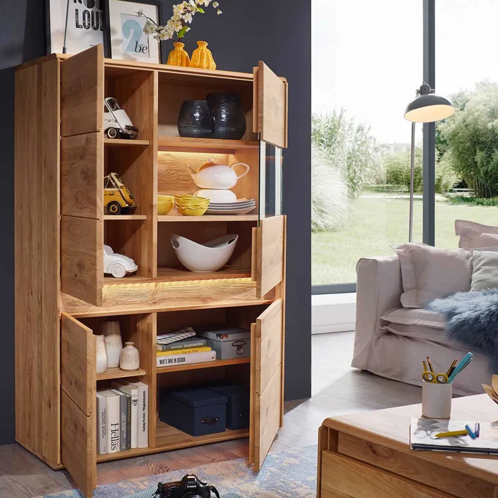 Wohnen Highboards<Wildeiche Wohnzimmerschrank mit Glas Einsatz - Acmida