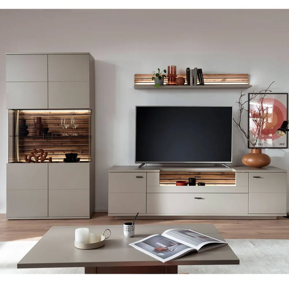 Wohnen Wohnwände<Wohnzimmer Anbauwand in Grau - Teorina (dreiteilig)