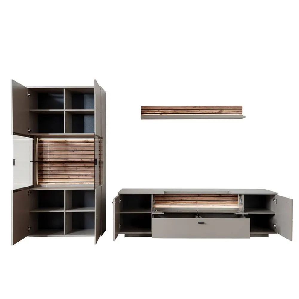 Wohnen Wohnwände<Wohnzimmer Anbauwand in Grau - Teorina (dreiteilig)