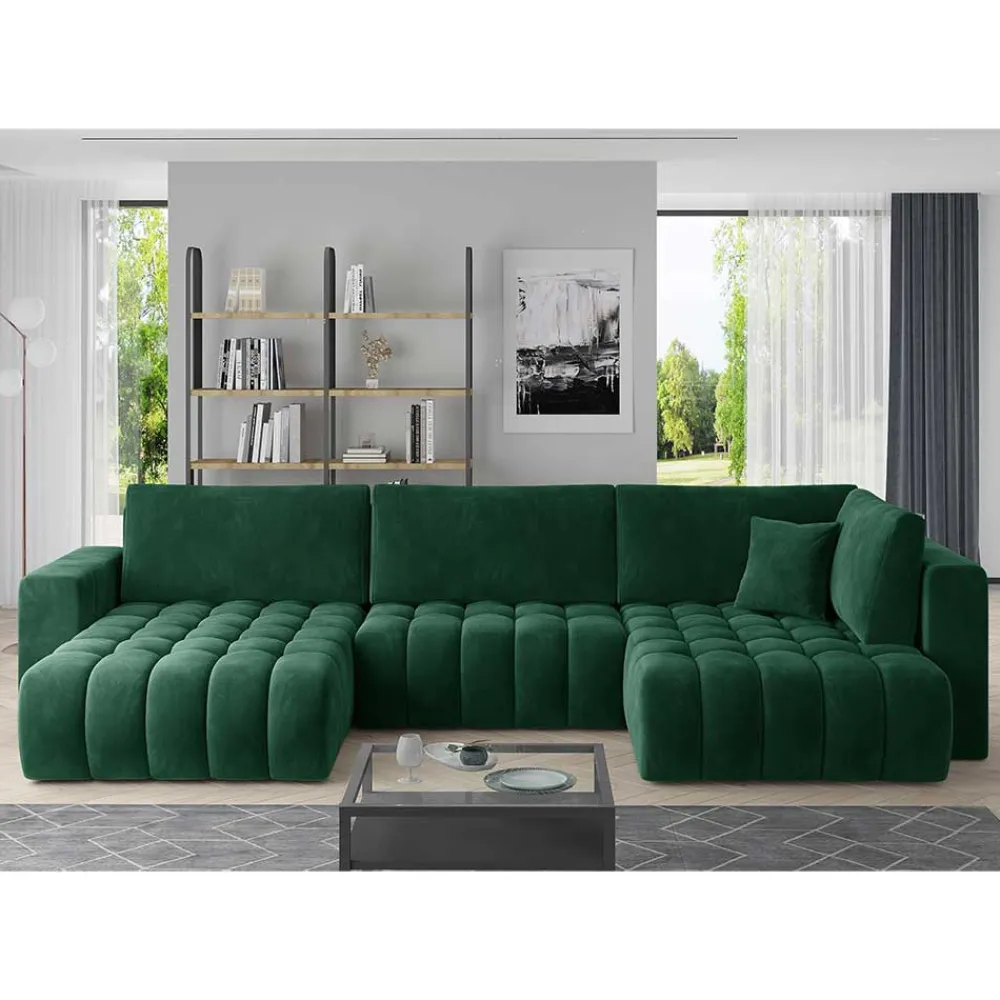 Wohnen Sofas<Wohnzimmer Bettcouch in Dunkelgrün - U-Form - Domago