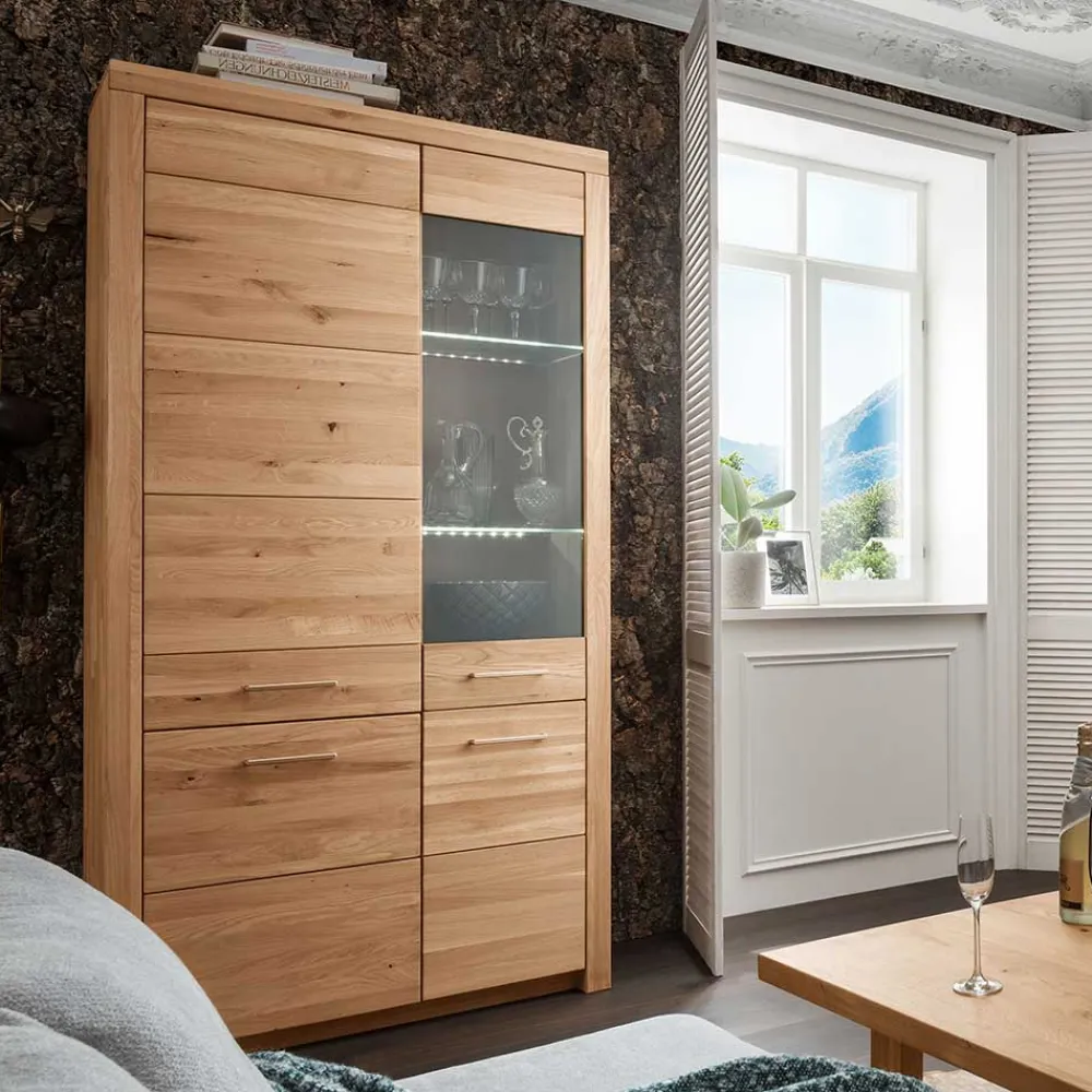 Wohnen Vitrinen<Wohnzimmer Massivholzschrank mit Glas Einsatz - Loitons