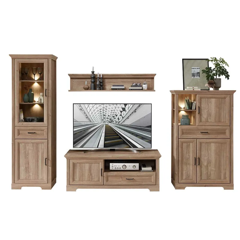 Wohnen Wohnwände<Wohnzimmer Möbelset in Eiche NB - Barack (vierteilig)