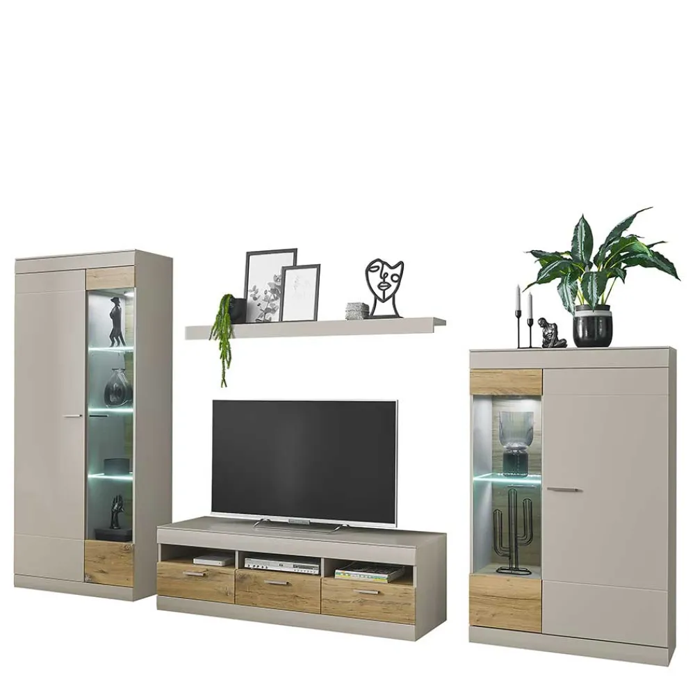 Wohnen Wohnwände<Wohnzimmer Schrank Set in Hellgrau & Zinneiche - Lioscas (vierteilig)