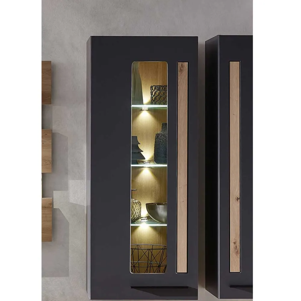 Wohnen Vitrinen<Wohnzimmer Wandvitrine in Dunkelgrau - Svanjon