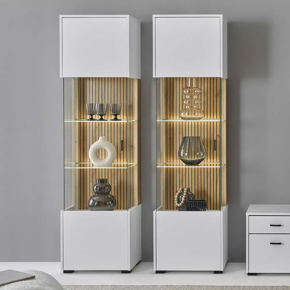 Wohnen Vitrinen<Wohnzimmer-Vitrine in Weiß und Wildeiche - Nenaloro
