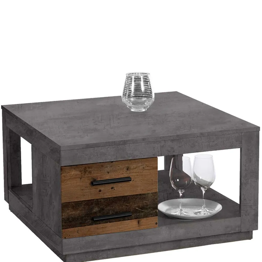 Wohnen Tische<80x80 cm Couchtisch in Beton Optik & Antik Holz NB - Imlory