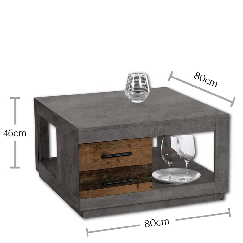 Wohnen Tische<80x80 cm Couchtisch in Beton Optik & Antik Holz NB - Imlory