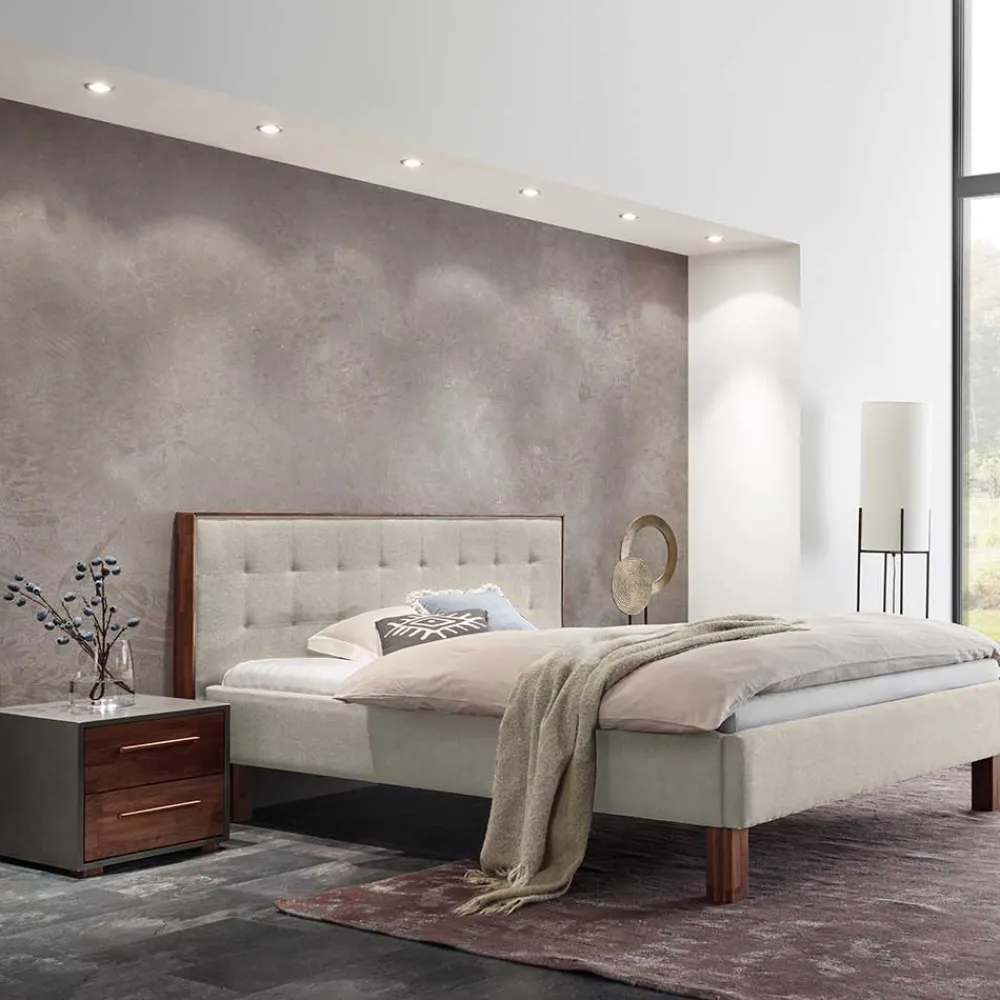 Wohnen Betten<140x200 Polsterbett in Beige und Nussbaum - Kyras