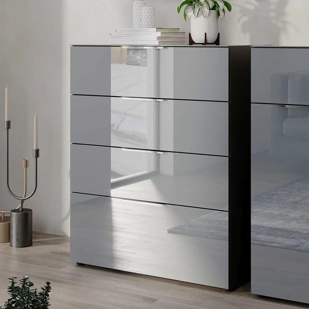 Wohnen Kommoden<83x102x42 4 Schubladen Kommode mit Glas Front - Ruudy