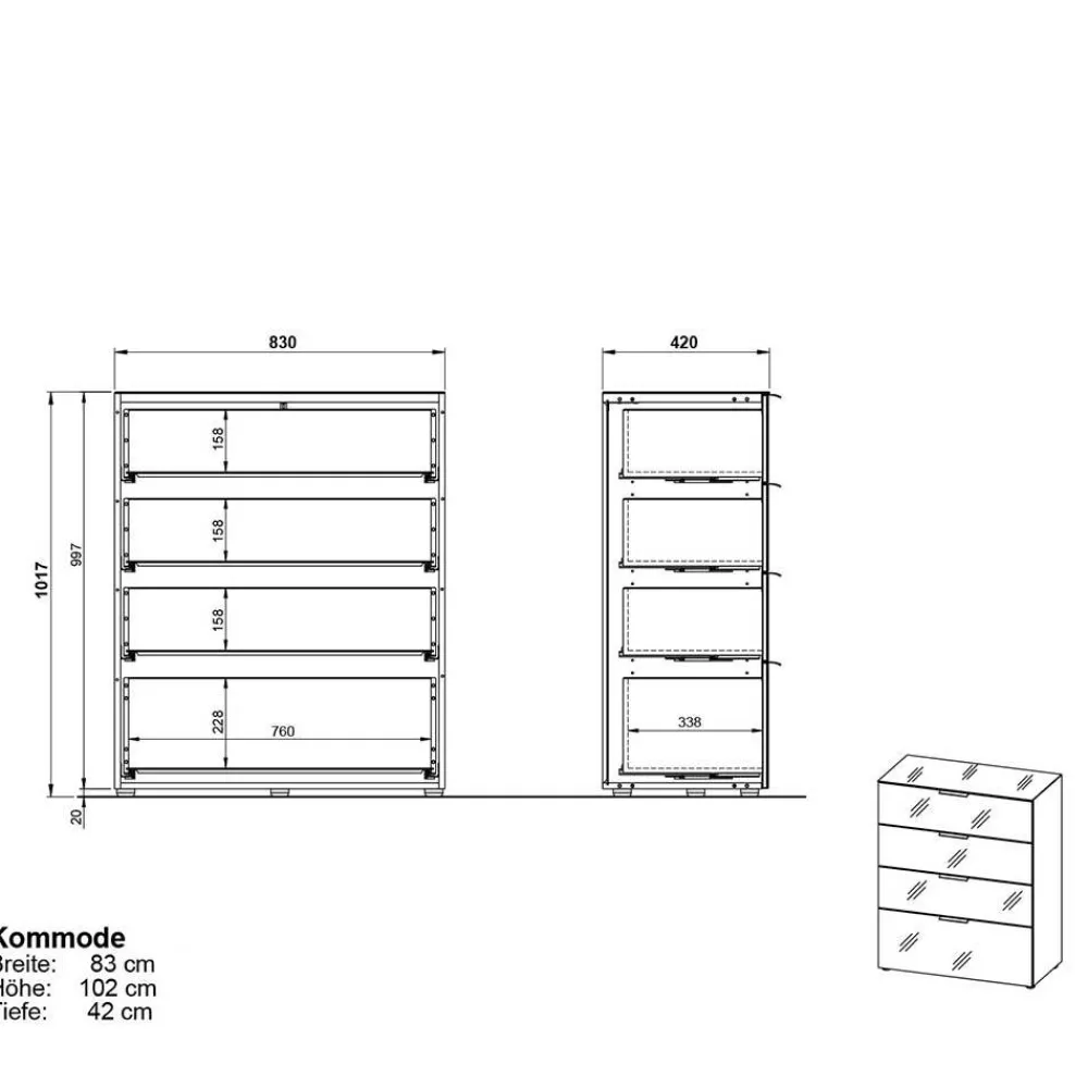 Wohnen Kommoden<83x102x42 4 Schubladen Kommode mit Glas Front - Ruudy