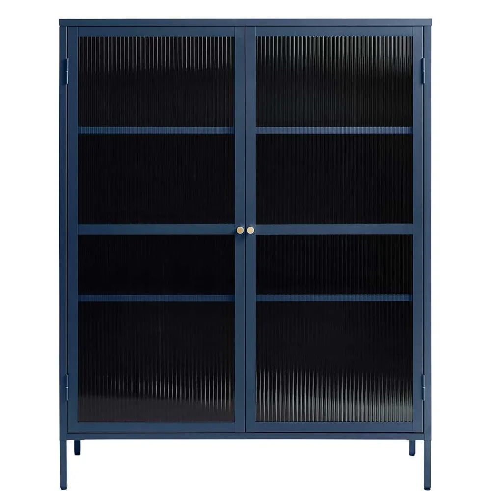 Wohnen Highboards|Vitrinen<110x140x40 Blaues Stahl Highboard mit Glastüren - Atos