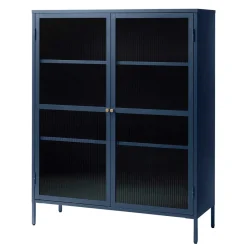 Wohnen Highboards|Vitrinen<110x140x40 Blaues Stahl Highboard mit Glastüren - Atos