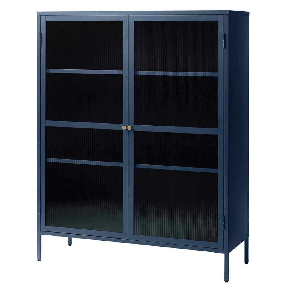 Wohnen Highboards|Vitrinen<110x140x40 Blaues Stahl Highboard mit Glastüren - Atos