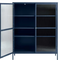 Wohnen Highboards|Vitrinen<110x140x40 Blaues Stahl Highboard mit Glastüren - Atos