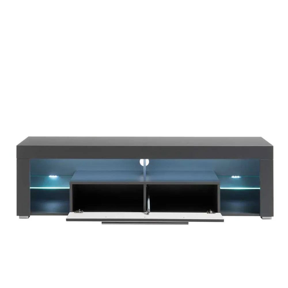 Wohnen Tv & Hifi-Möbel|Lowboards<153x44x44 cm Graues TV Board mit Klappe & Glasböden - Due