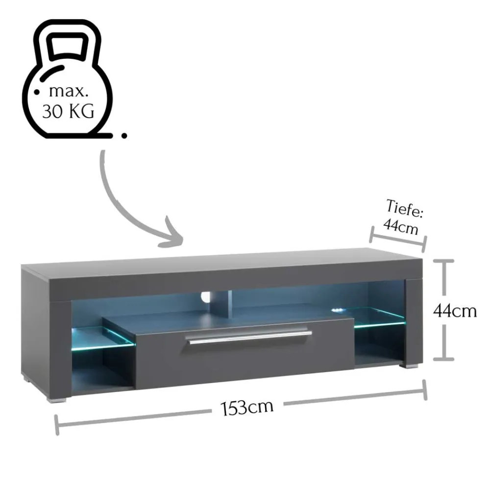 Wohnen Tv & Hifi-Möbel|Lowboards<153x44x44 cm Graues TV Board mit Klappe & Glasböden - Due