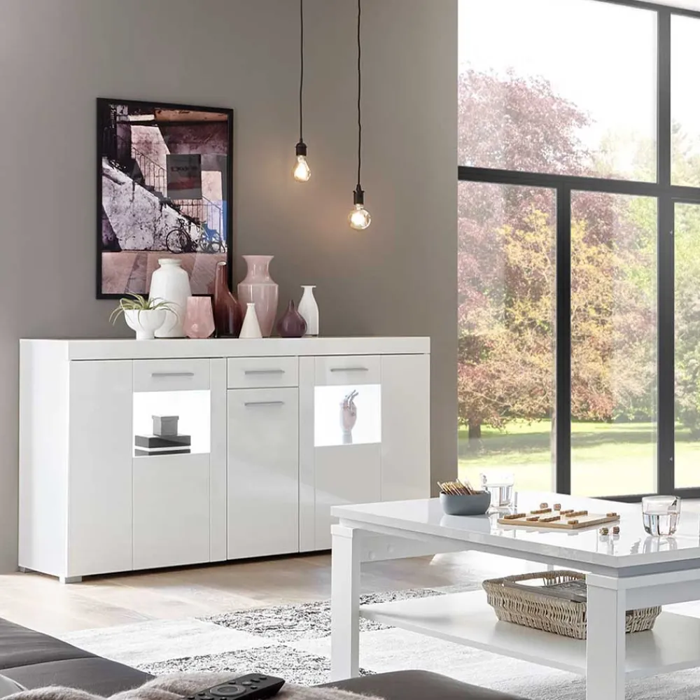 Wohnen Sideboards<144x82x40 cm Hochglanz Sideboard in Weiß - Timmona