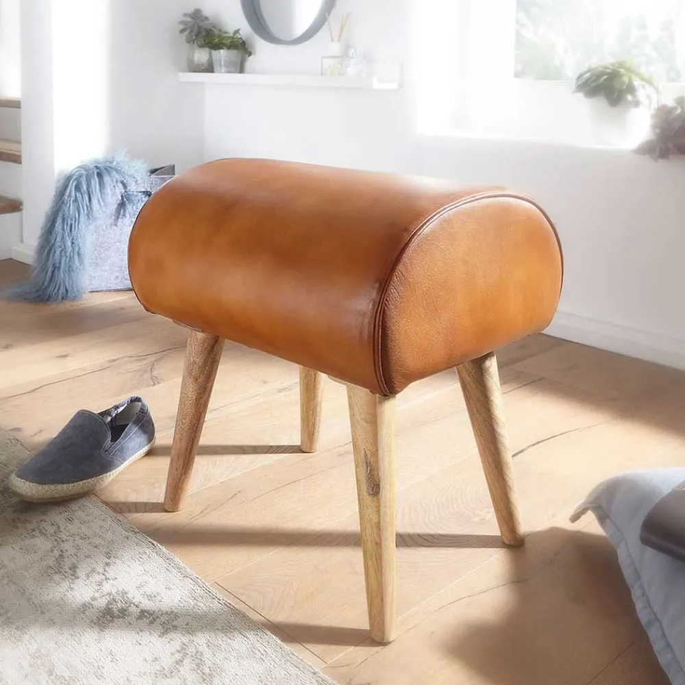 Wohnen Hocker<45x53x40 cm Leder Hocker mit Holzbeinen - Brian