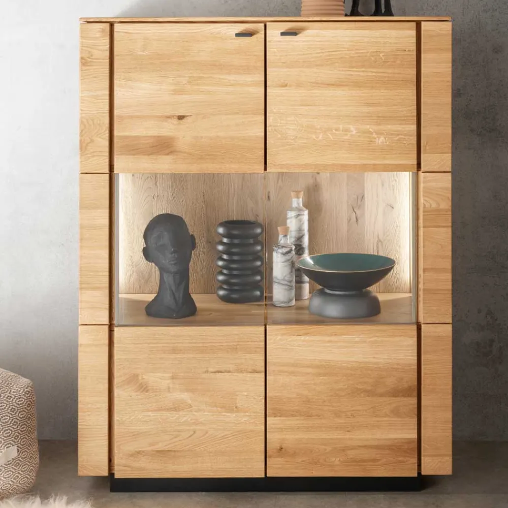 Wohnen Highboards|Vitrinen<99x127x42 cm Wildeiche Highboard mit Rauchglas Einsätzen - Cibao