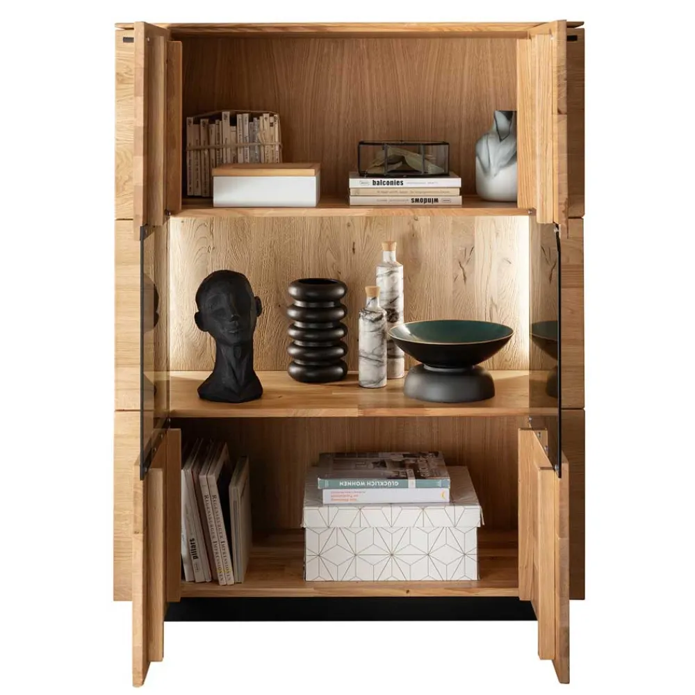Wohnen Highboards|Vitrinen<99x127x42 cm Wildeiche Highboard mit Rauchglas Einsätzen - Cibao