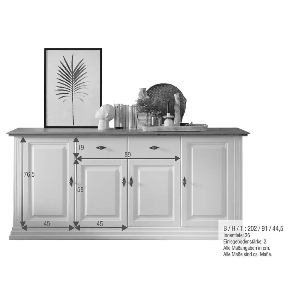 Wohnen Sideboards<202x91x45 Country Anrichte in Weiß & Eiche - Henry