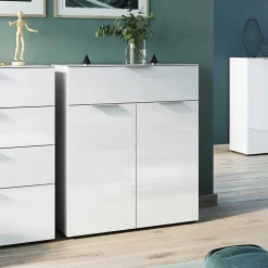 Wohnen Kommoden<83x101x42 Design Vertiko in Weiß mit Glas - Soraga