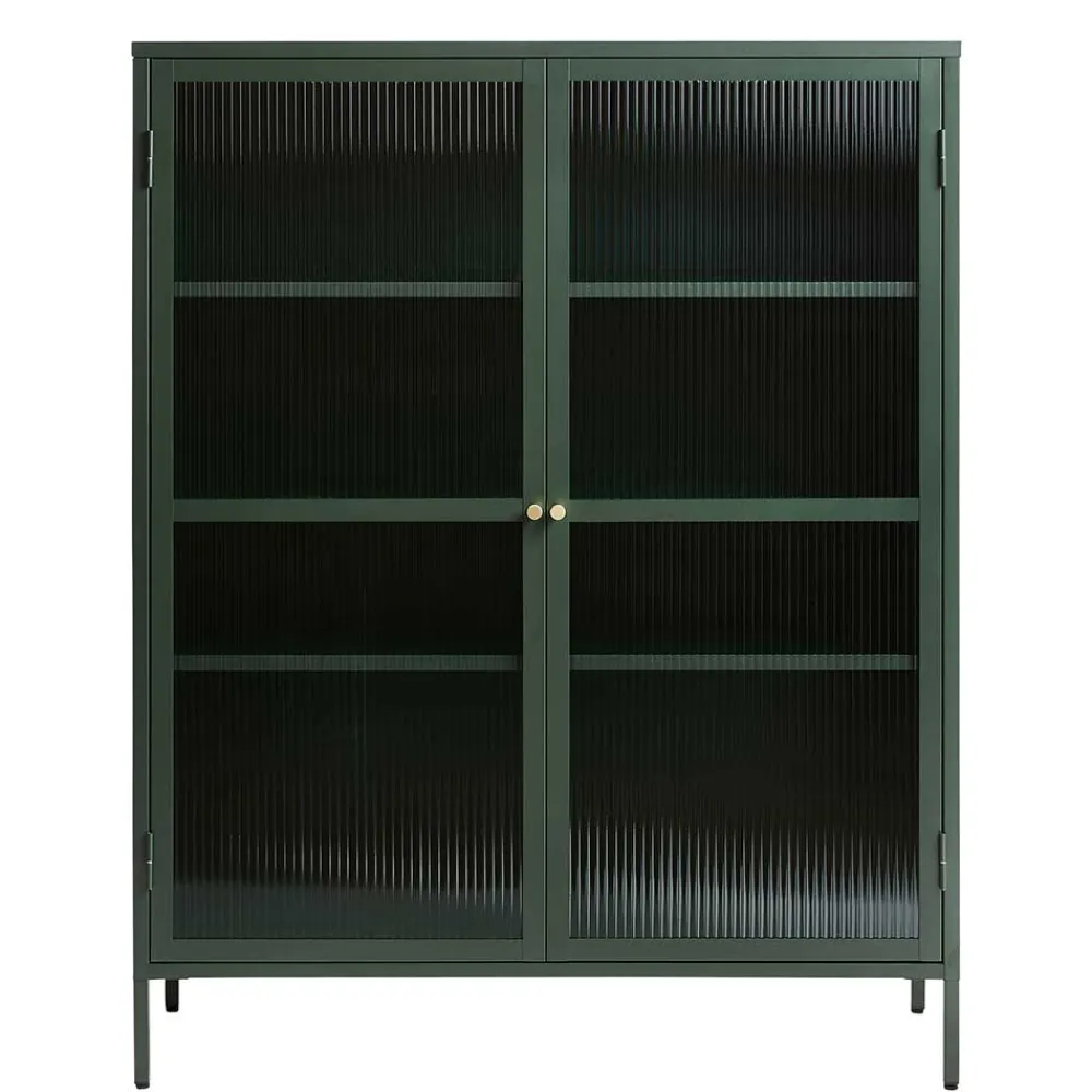 Wohnen Highboards|Vitrinen<110x140x40 Dunkelgrüne Highboard Vitrine aus Stahl - Estellos