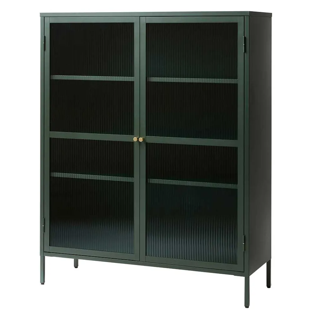 Wohnen Highboards|Vitrinen<110x140x40 Dunkelgrüne Highboard Vitrine aus Stahl - Estellos
