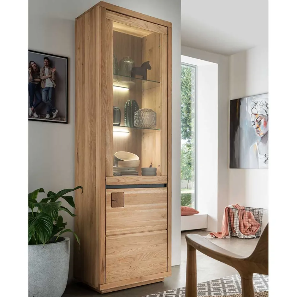 Wohnen Vitrinen<65x205x40 Echtholz Vitrine aus Wildeiche - Embleys