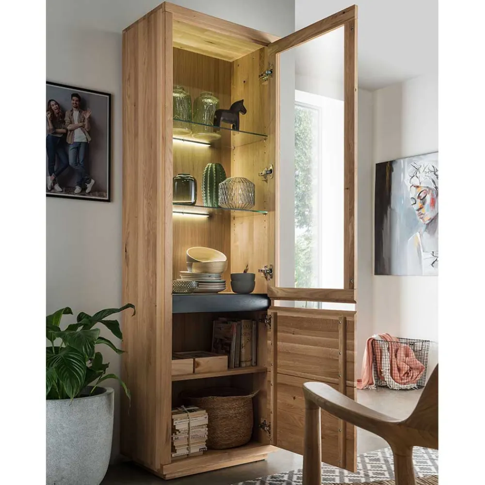 Wohnen Vitrinen<65x205x40 Echtholz Vitrine aus Wildeiche - Embleys