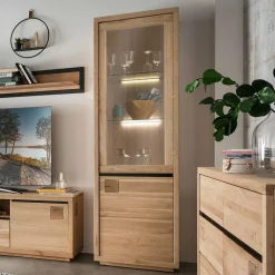 Wohnen Vitrinen<65x205x40 Echtholz Vitrine aus Wildeiche - Embleys