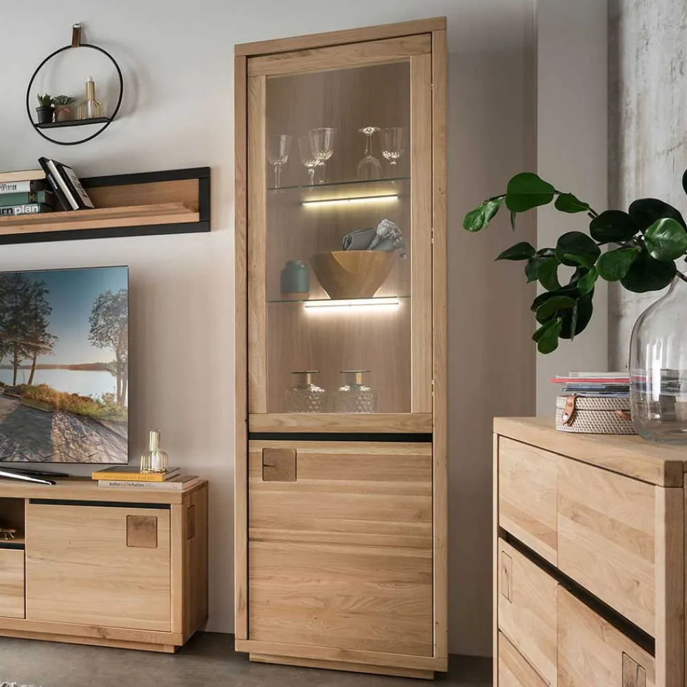 Wohnen Vitrinen<65x205x40 Echtholz Vitrine aus Wildeiche - Embleys